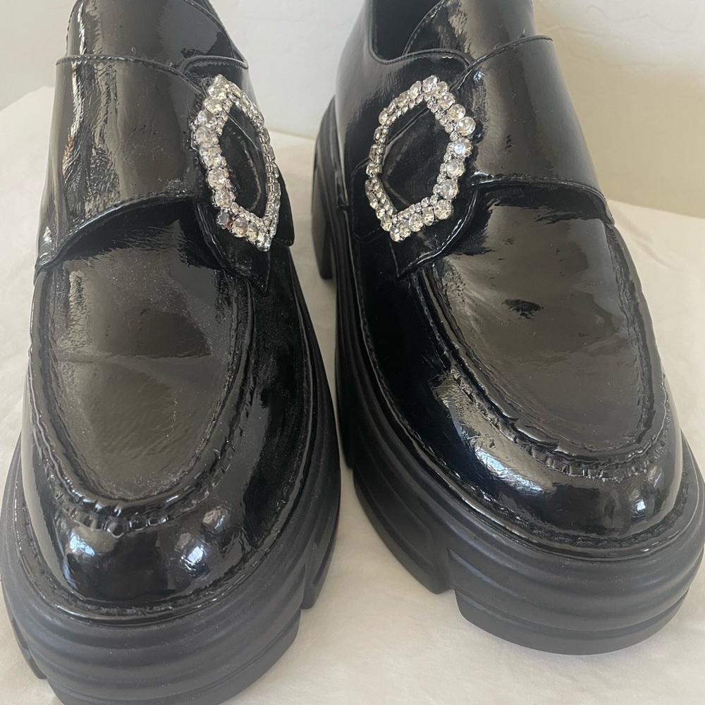 Black Patent Platform Loafers with Crystal Buckle - Picture 6 of 8